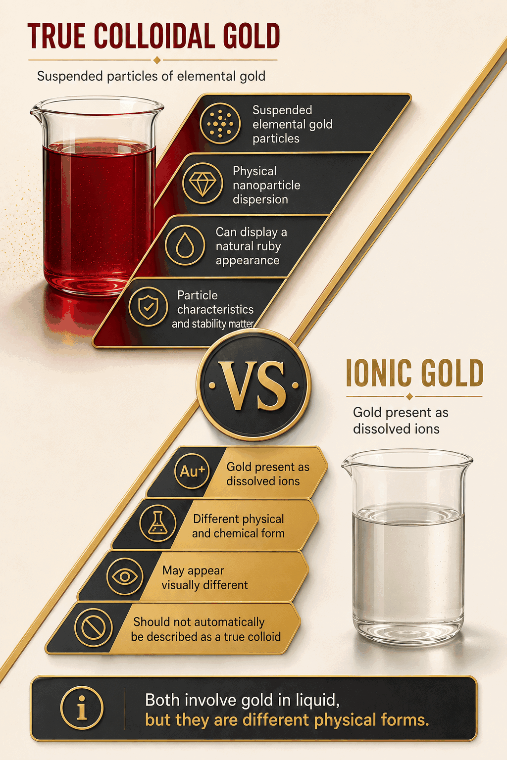 True colloidal gold compared with ionic gold: particles versus dissolved ions