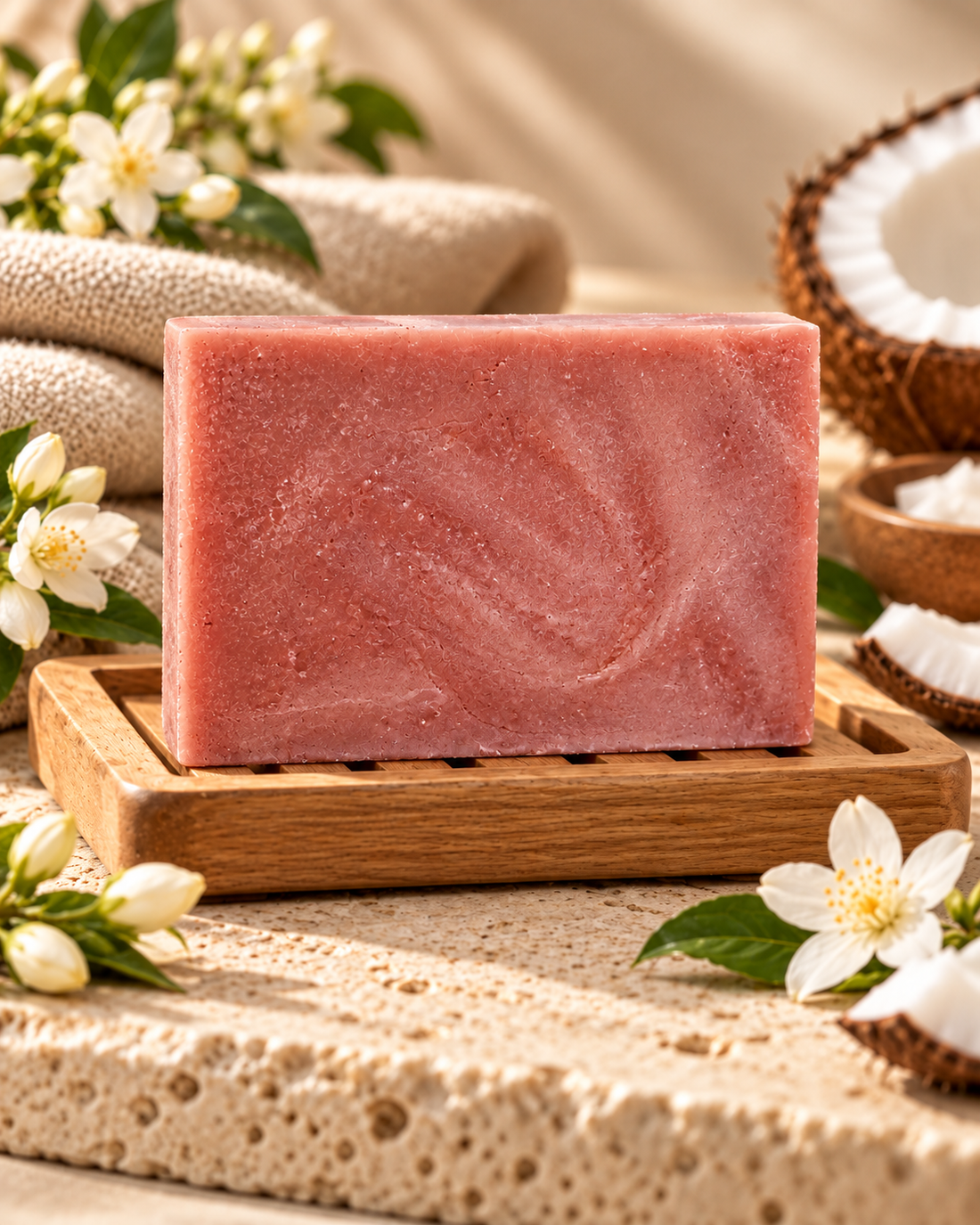 Jasmine colloidal gold soap on a draining wooden soap dish