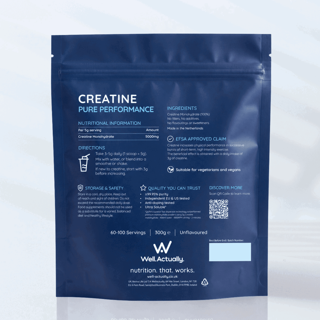Back of 300g creatine monohydrate pouch with ingredients and directions