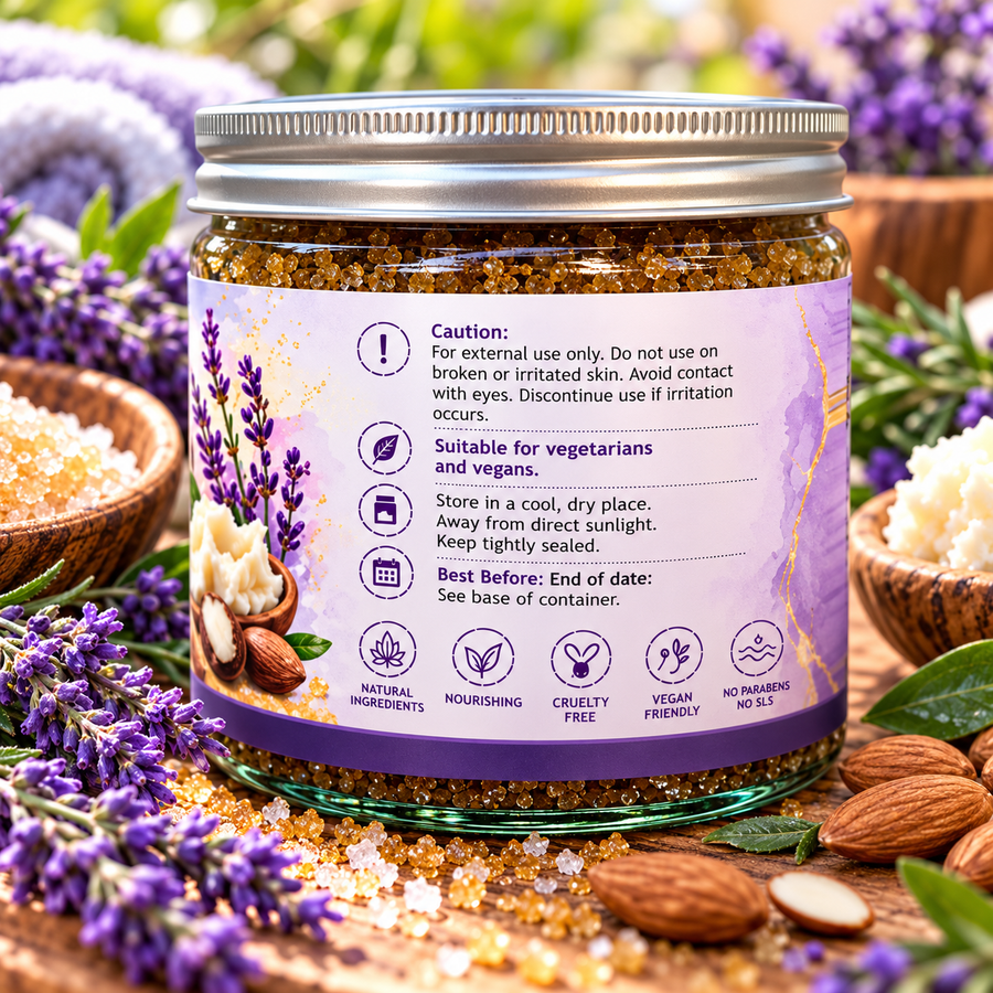 Glow Body Scrub jar showing the caution label