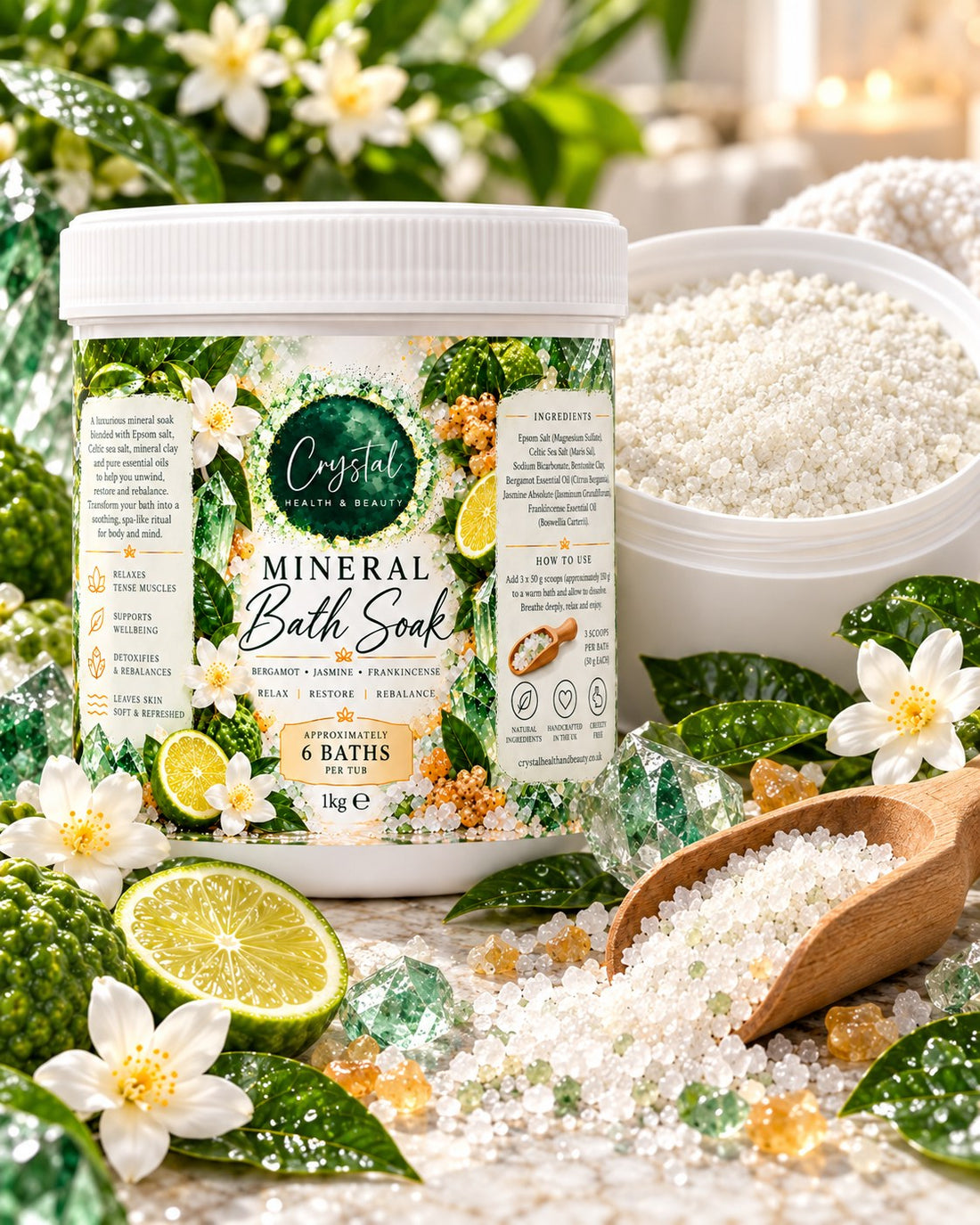 Mineral Bath Soak 1kg texture with included reusable scoop