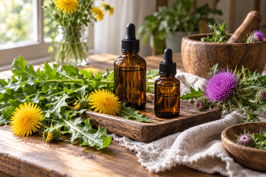 Amber bottles with dandelion and thistle flowers in a herbal workshop