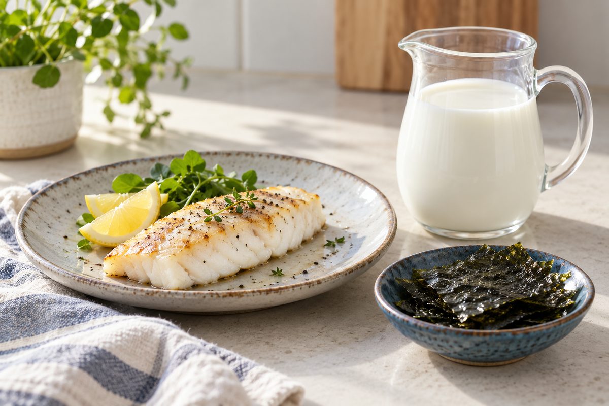 White fish, dried seaweed and milk arranged on a kitchen counter