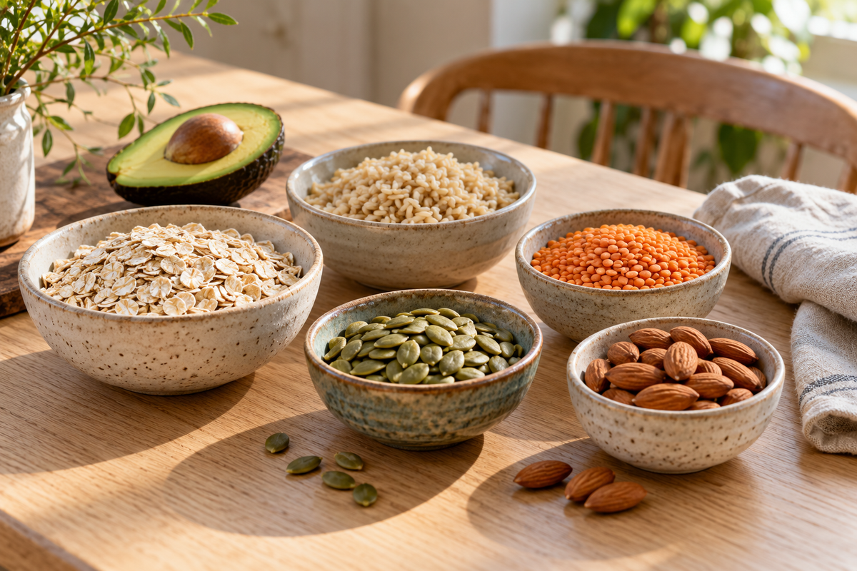 Oats, pumpkin seeds, almonds, lentils and brown rice in ceramic bowls