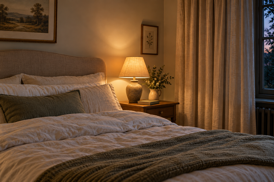 A quiet bedroom with linen bedding and a warm bedside lamp