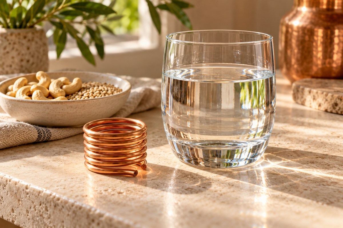 Copper coil beside a glass of water, cashews and sesame seeds