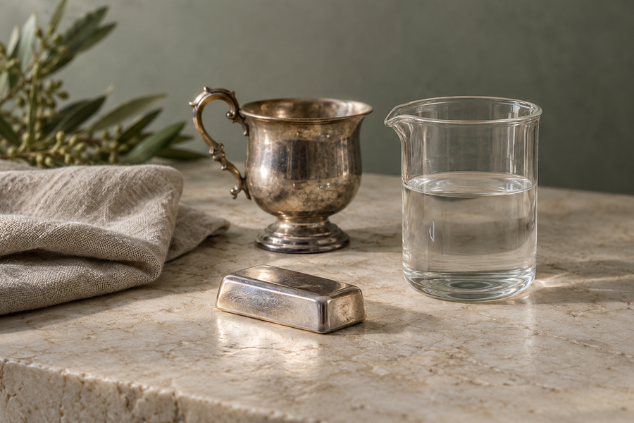 Editorial still life of a silver ingot, antique silver cup and glass beaker of water