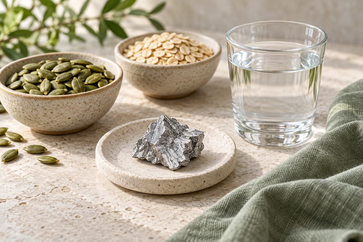 Silver-grey metal specimen beside water, pumpkin seeds and oats
