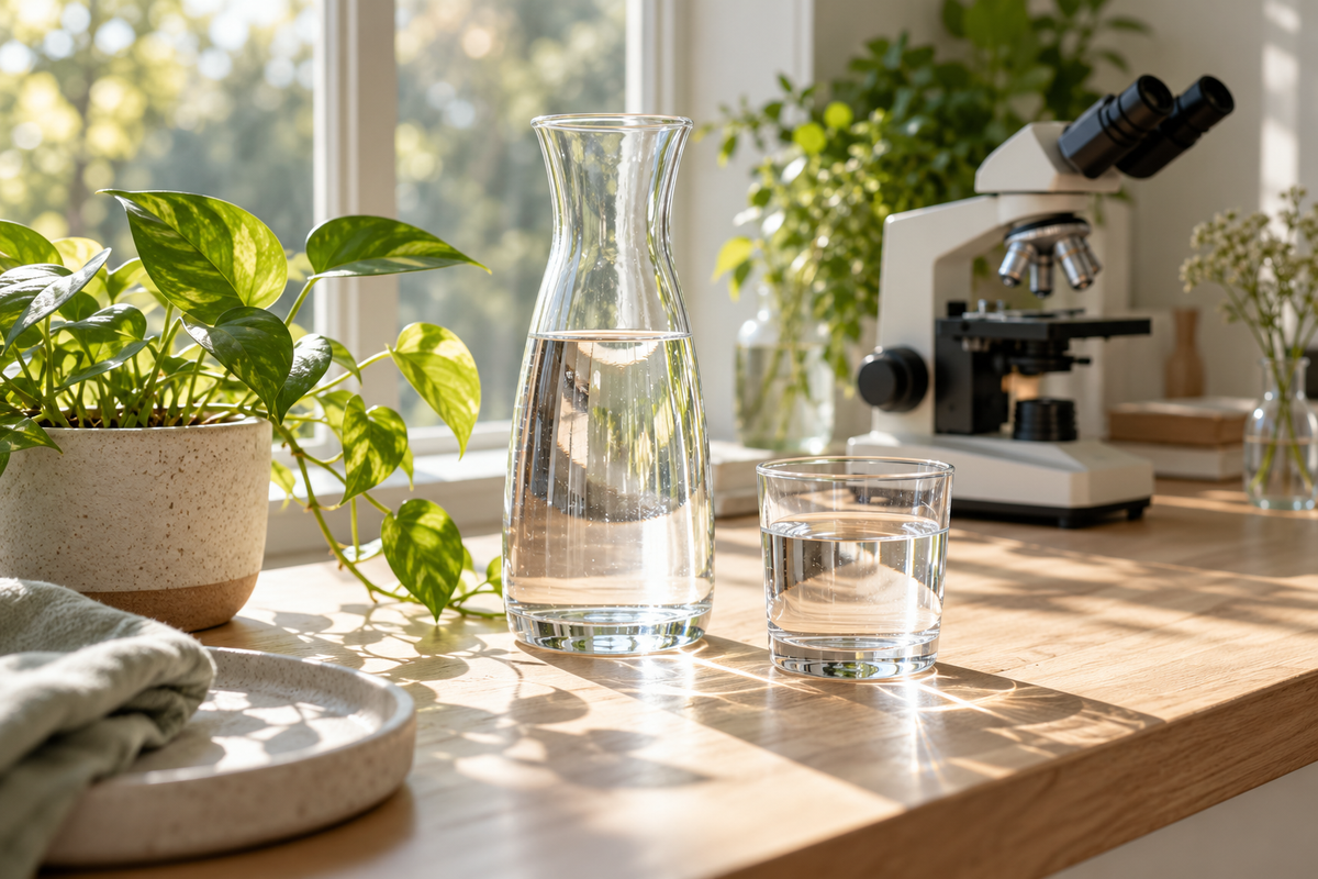 Water carafe, green plant and microscope in a sunlit setting