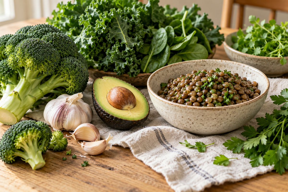 Broccoli, avocado, leafy greens and lentils arranged on a kitchen table