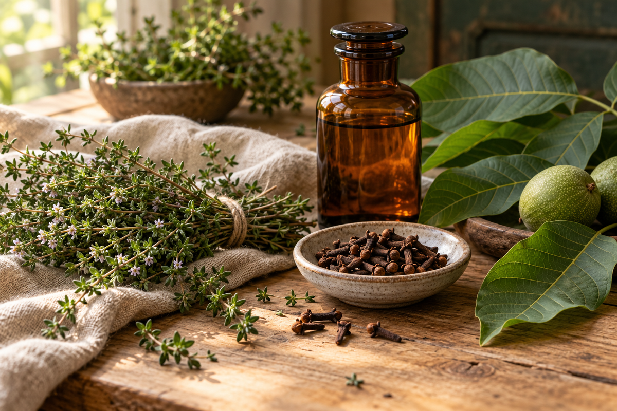 Thyme, cloves and walnut leaves beside an amber apothecary bottle