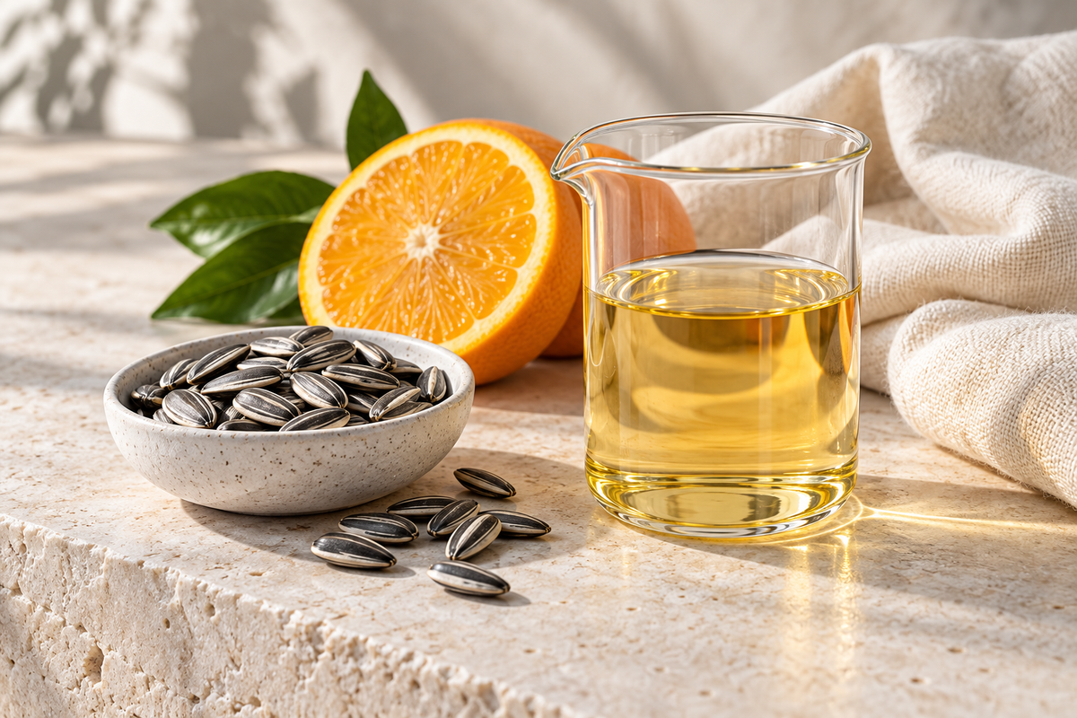 Sunflower seeds, orange and a glass beaker of golden liquid