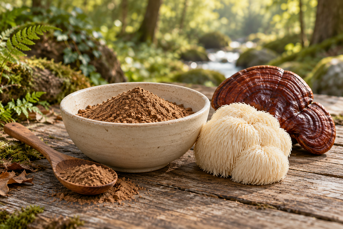 Mushroom powder in a ceramic bowl beside lion’s mane and reishi mushrooms