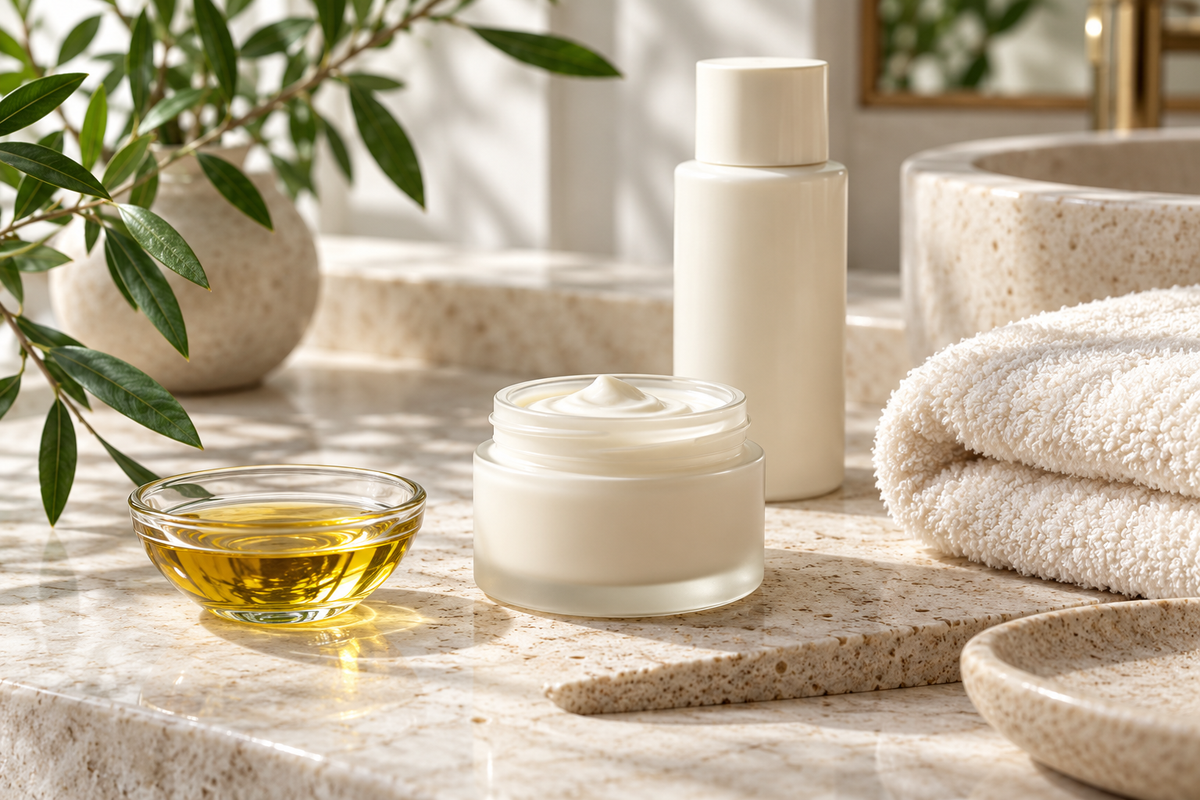 Cream jar, botanical oil and soft towel on a pale stone surface
