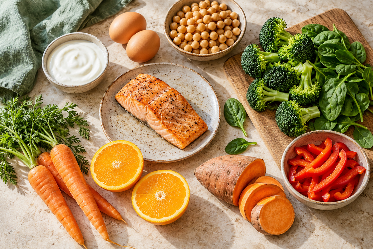 Salmon, eggs, yoghurt, chickpeas, broccoli, spinach, citrus fruit and colourful vegetables