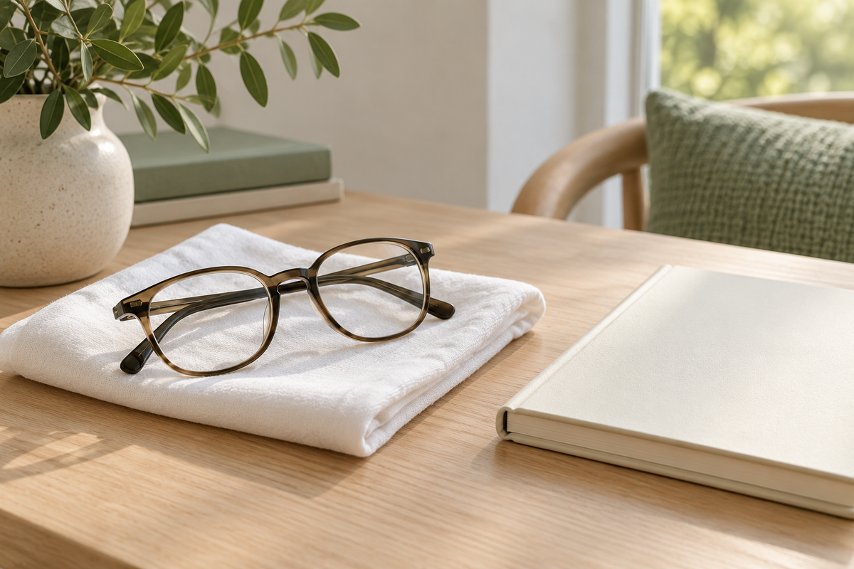 Reading glasses on a clean white cloth beside a notebook
