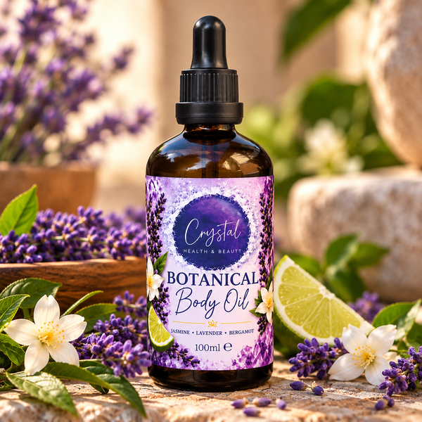 Botanical Body Oil 100ml still life with jasmine, lavender and bergamot