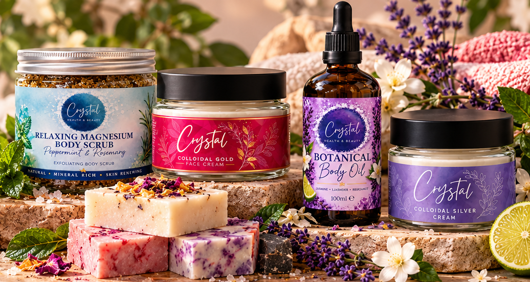 Relaxing magnesium body scrub, colloidal gold face cream, botanical body oil, colloidal silver cream and handmade soap bars