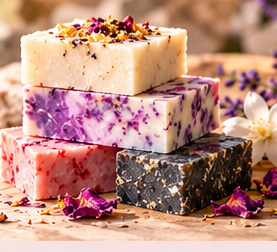 Stacked handmade soap bars with dried flowers