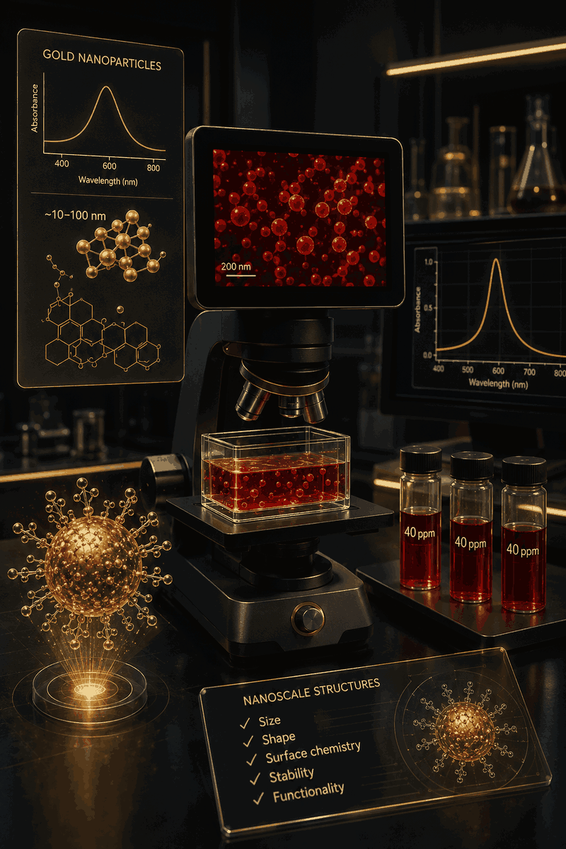 Laboratory view of 40 PPM gold nanoparticles under a microscope