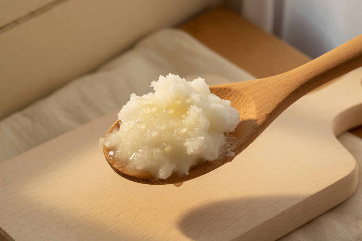 A wooden spoon of firm coconut oil, ready for cooking