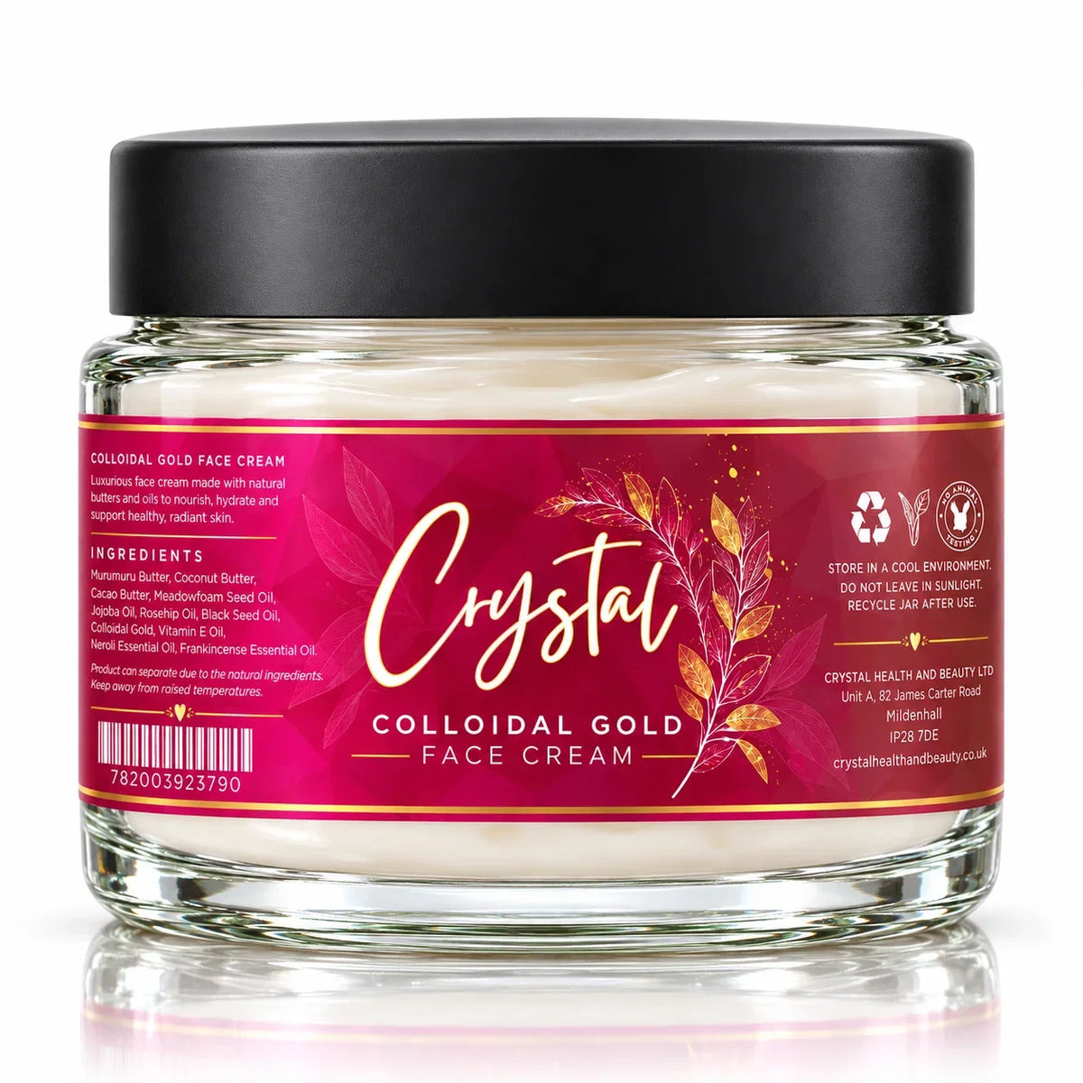 Crystal Colloidal Gold Face Cream in a glass jar with black lid