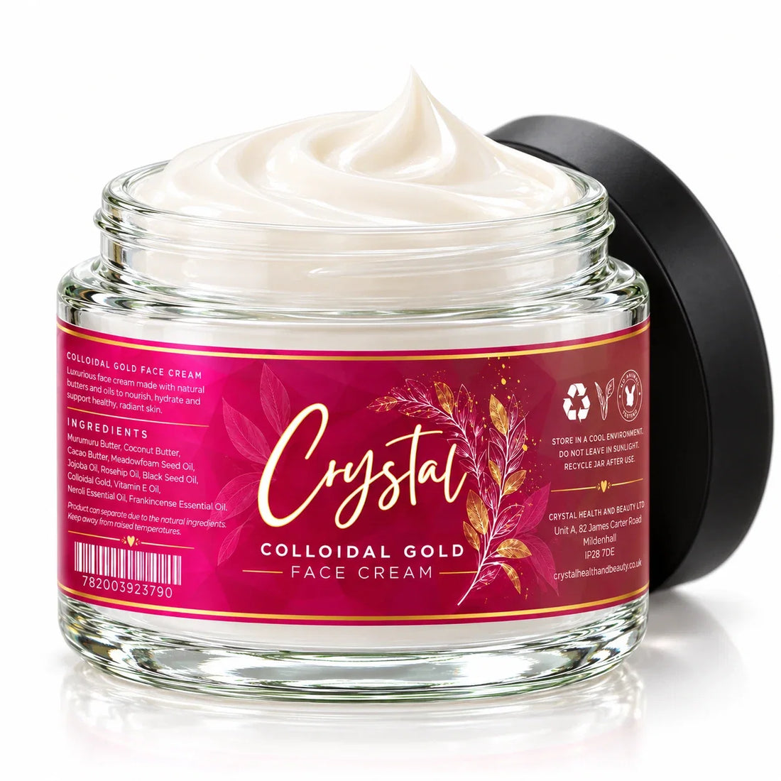 Open jar of Crystal Colloidal Gold Face Cream showing the cream