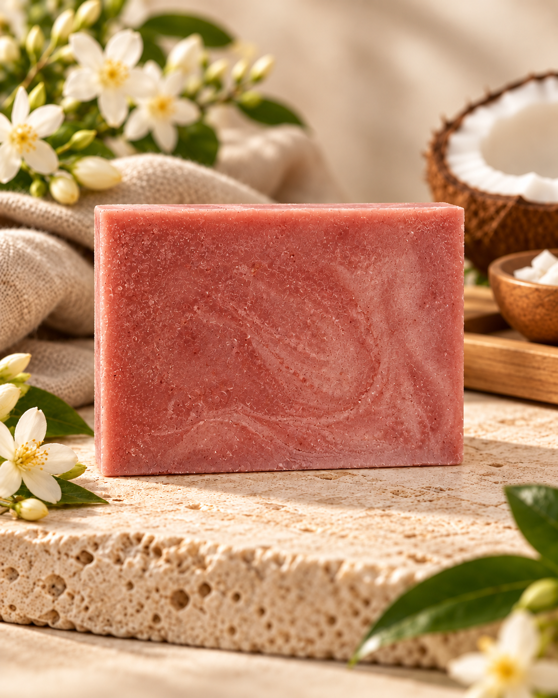 Handmade ruby-red colloidal gold soap beside jasmine blossoms