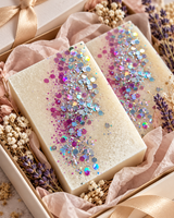 Two Frosted Rhubarb and Rose colloidal silver soap bars in a gift box with pink and iridescent glitter