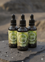 Three Fulvic Acid Minerals 50ml dropper bottles on stone