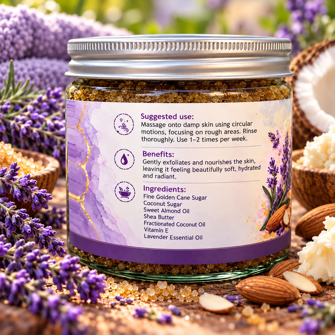Glow Body Scrub jar showing suggested use and the ingredient list