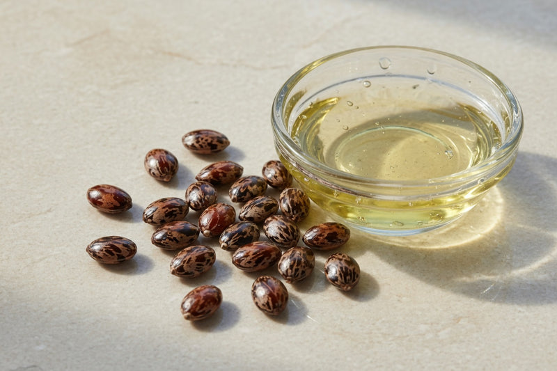 Mottled castor seeds beside a glass dish of thick pale yellow oil.