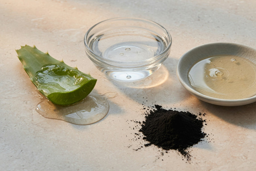 Split aloe leaf, clear water, glycerine and black charcoal powder.