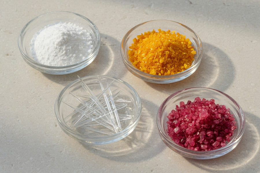 Glass dishes of white, yellow, clear and pink nutrient powders on limestone.