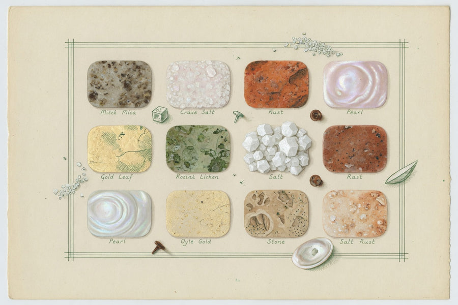 An illustrated study of twelve mineral colours on warm paper.