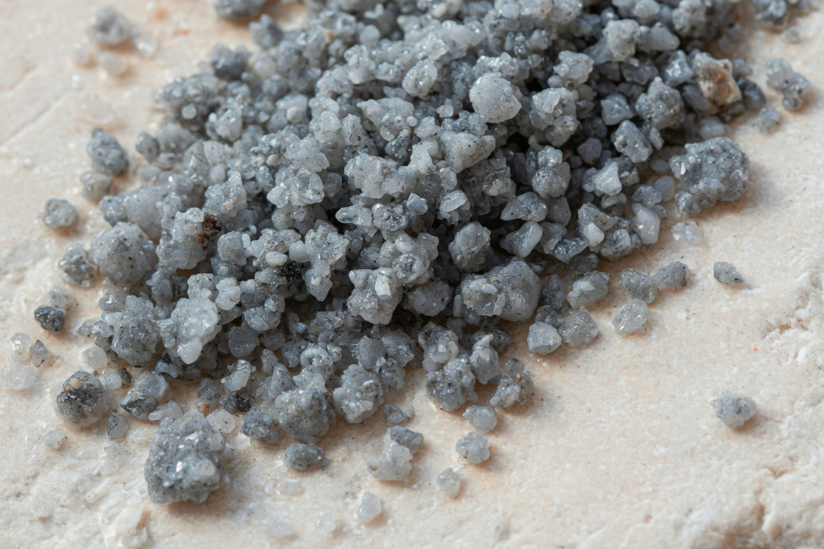 Moist grey coarse sea salt crystals on pale limestone.