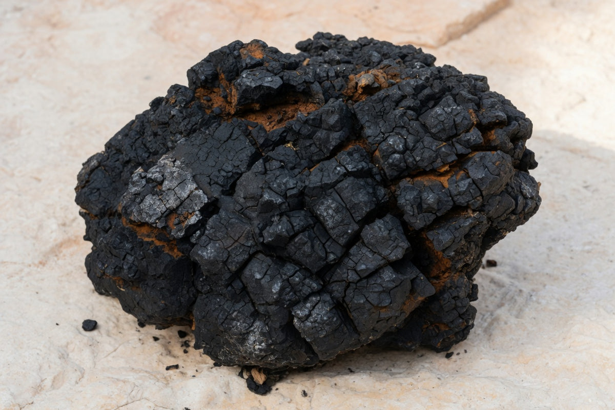 A black cracked chaga conk on pale limestone.