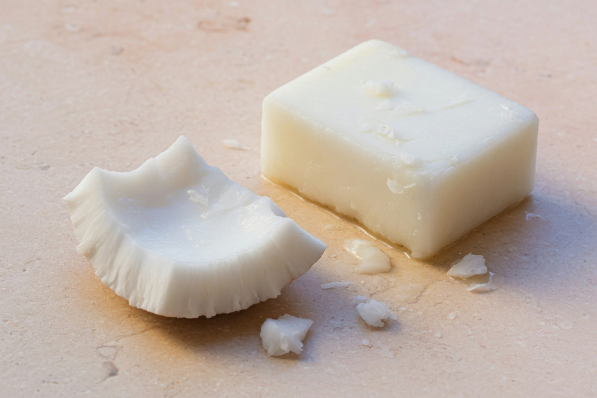 White coconut flesh beside solid white coconut oil.