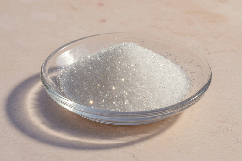 Fine white D-mannose powder in a glass dish, with no fruit.