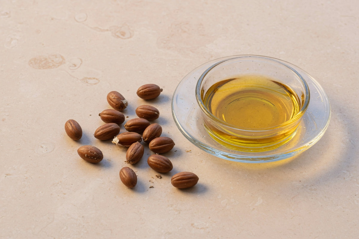 Brown jojoba seeds beside a glass dish of golden liquid.