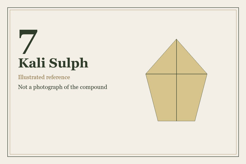 Illustrated mineral study for Kali Sulph, tissue salt number 7.