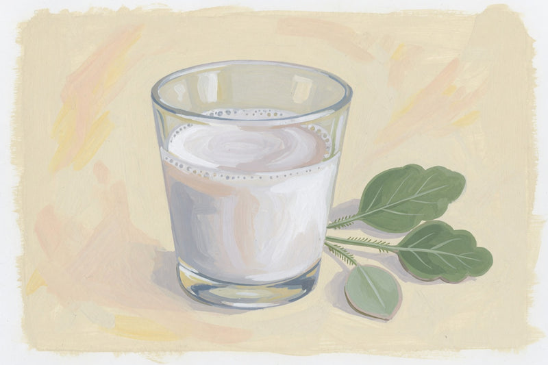 An illustrated ceramic bowl of cloudy cultured liquid on linen.