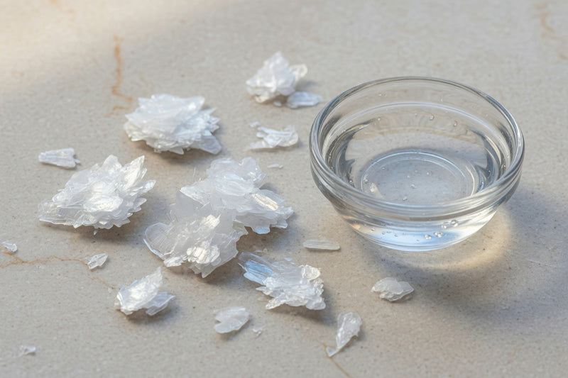 White magnesium chloride flakes beside a glass dish of clear brine on pale limestone.