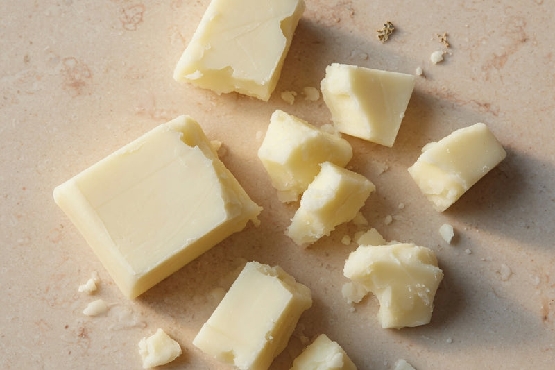 Pale ivory murumuru butter on limestone.