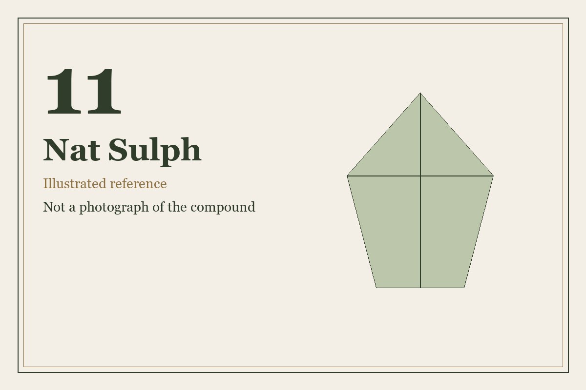 Illustrated mineral study for Nat Sulph, tissue salt number 11.