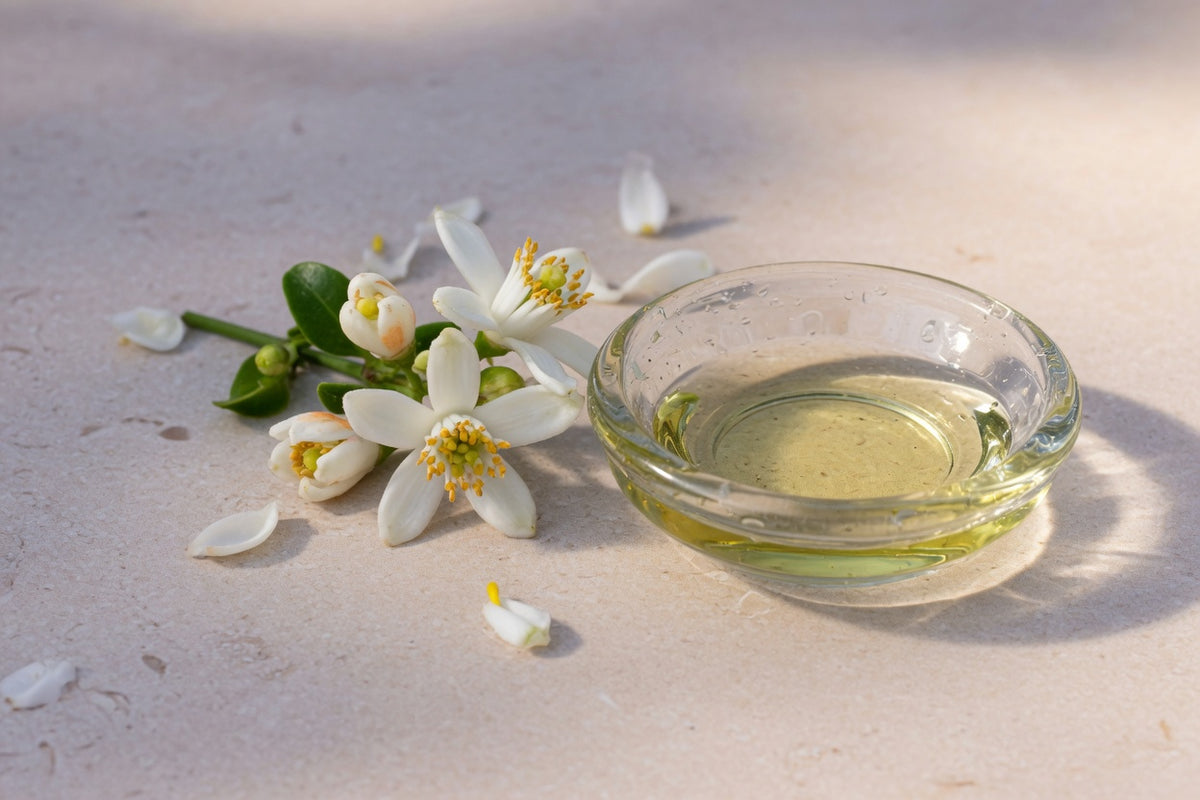 Small white orange blossoms beside a tiny dish of pale oil.