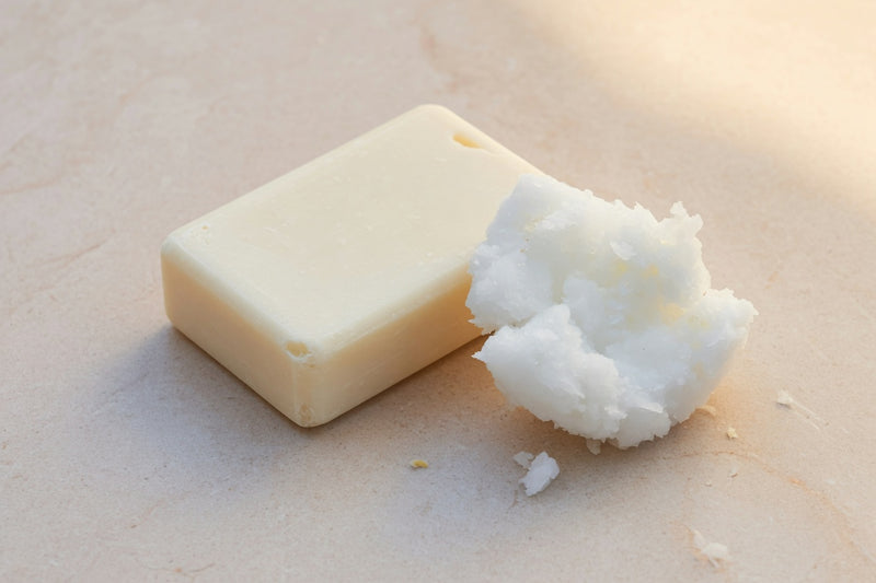 A plain ivory soap bar beside solid coconut oil, with no printed label.