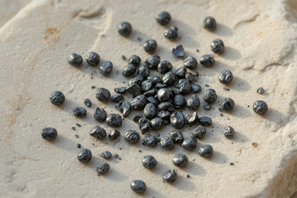 Dark grey selenium granules on pale limestone.
