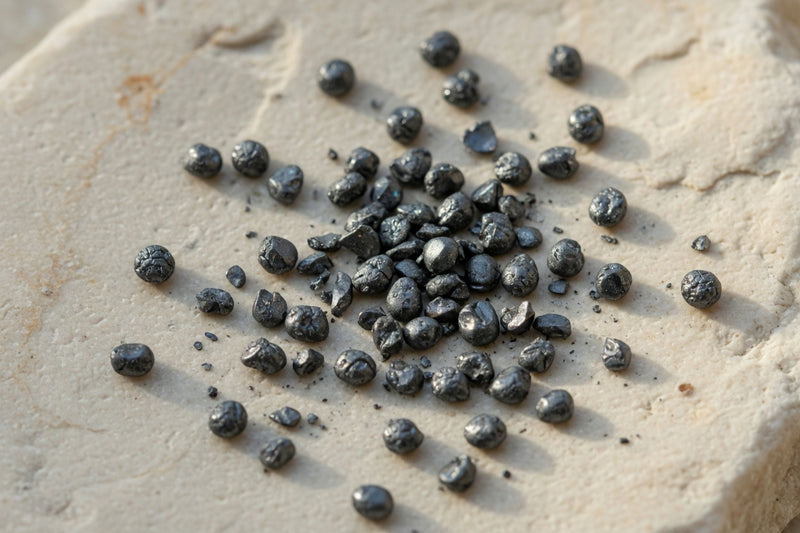 Dark grey selenium granules on pale limestone.