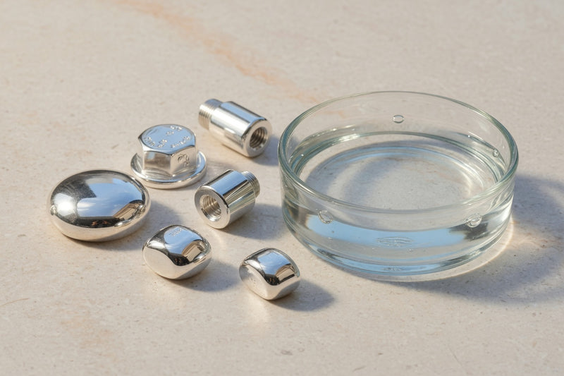 Polished silver metal beside a glass dish of clear water on pale limestone.